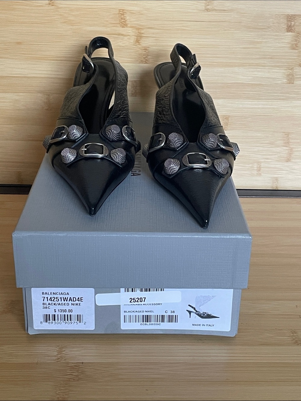 Balenciaga Black Pointed Slingback Heels with Silver Buckle Accents - Picture 12 of 13